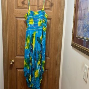 Vibrant Blue and Yellow Tie-Dye Maxi Dress